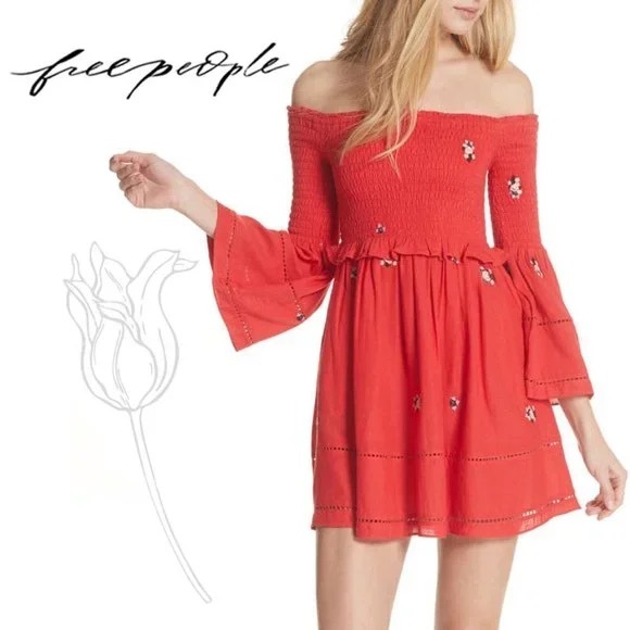 Free People Red Counting Daises Off-Shoulder Dress - Picture 1 of 6